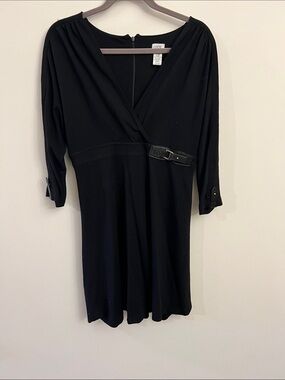 Cache Black Faux-Wrap Long Sleeve Dress with Waist Buckle